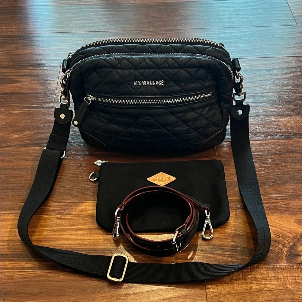 MZ WALLACE Black Quilted Nylon Crossbody with 2 Straps and Pouch - Picture 2 of 7